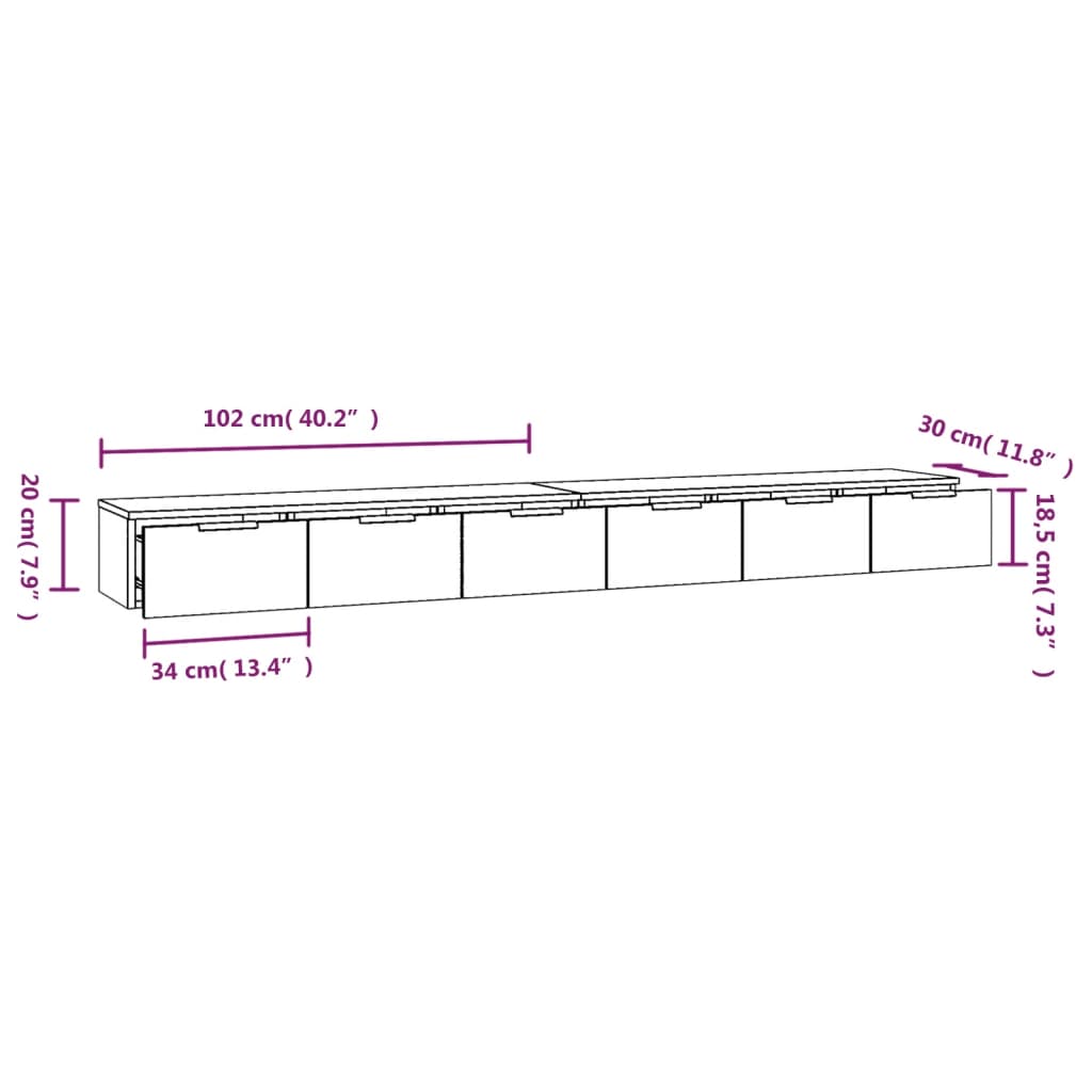 Wandkasten 2 st 102x30x20 cm bewerkt hout hoogglans wit