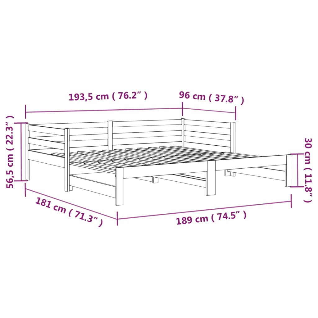 Slaapbank uitschuifbaar massief grenenhout 2x(90x190) cm