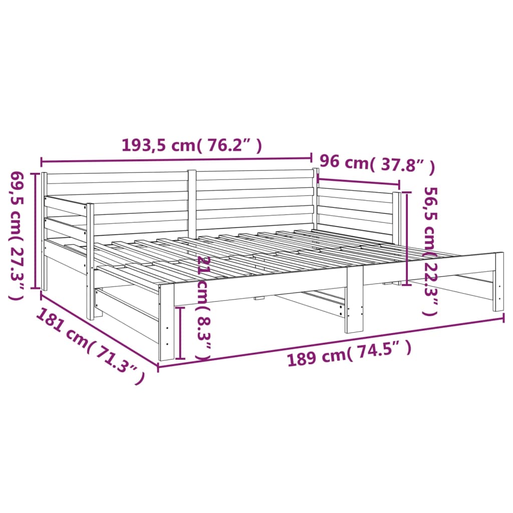 Slaapbank uitschuifbaar grenenhout 2x(90x190) cm