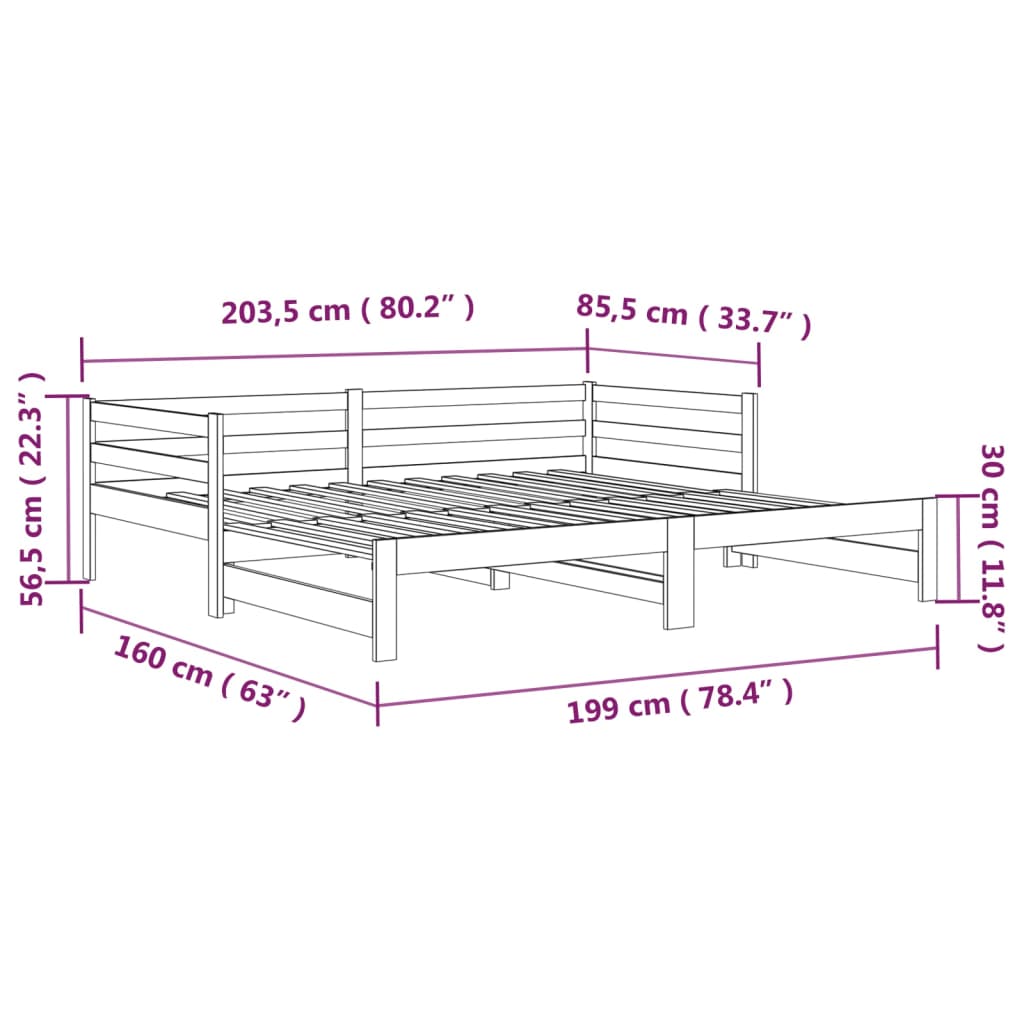 Slaapbank uitschuifbaar 2x(80x200) cm grenenhout