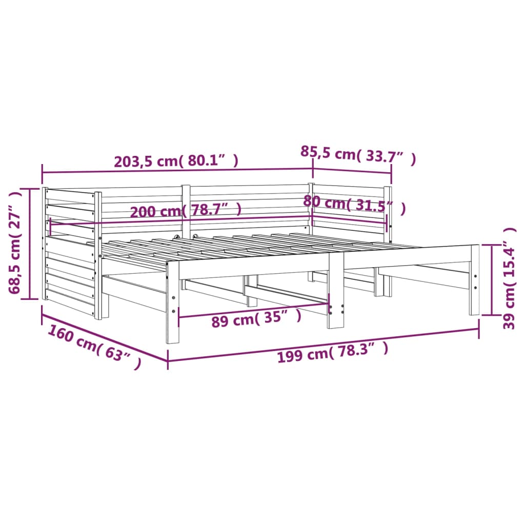 Slaapbank uitschuifbaar 2x(80x200) cm grenenhout