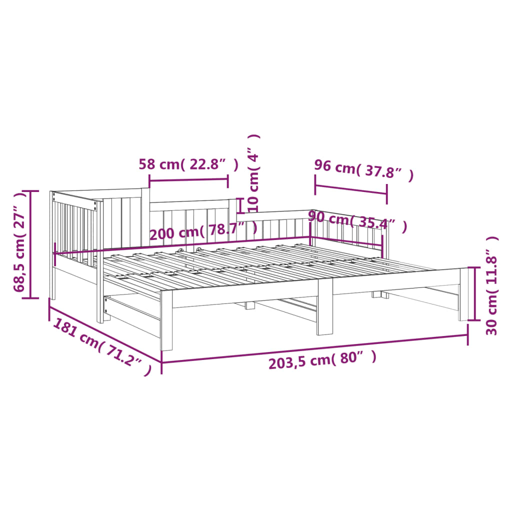 Slaapbank uitschuifbaar massief grenenhout 2x(90x200) cm