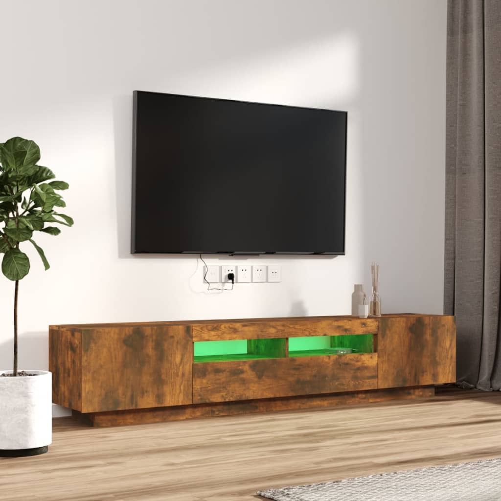 Tv-meubel met LED 200x35x40 cm bewerkt hout artisanaal eiken