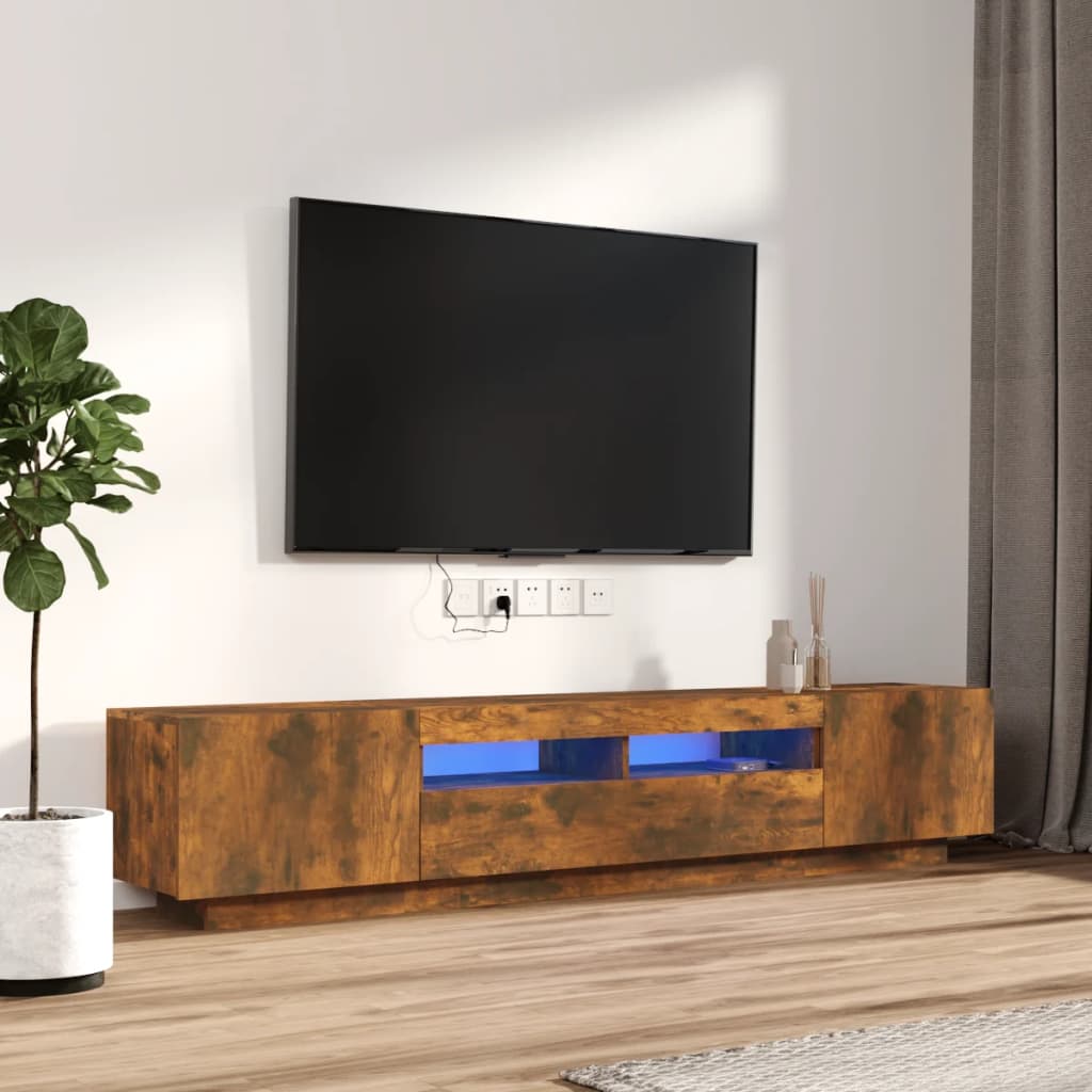 Tv-meubel met LED 200x35x40 cm bewerkt hout artisanaal eiken