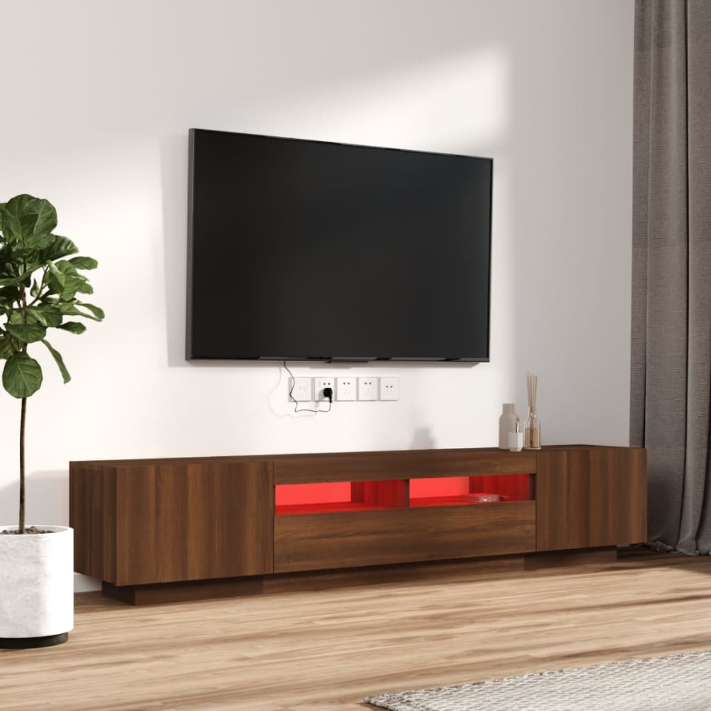 Tv-meubel met LED 200x35x40 cm bewerkt hout artisanaal eiken