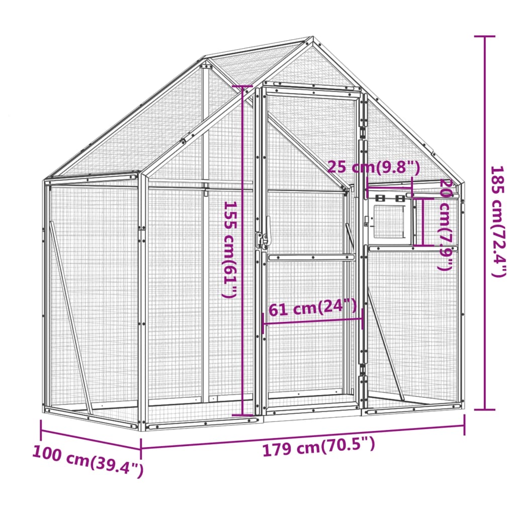 Volière 1,79x8x1,85 m aluminium zilverkleurig