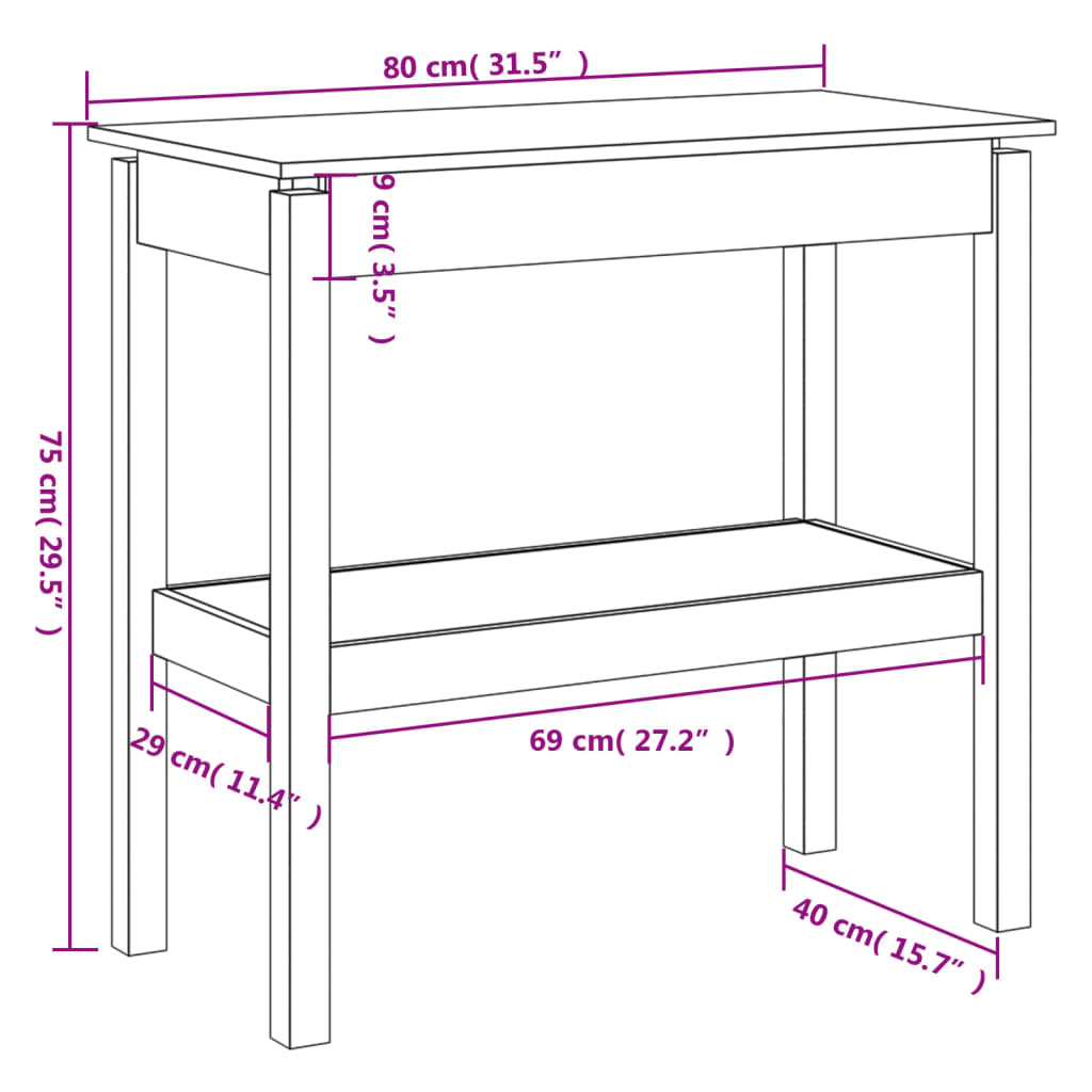 Wandtafel 80x40x75 cm massief grenenhout