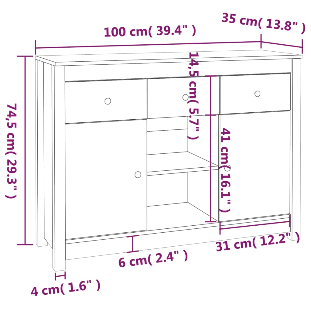 Dressoir 100x35x74,5 cm massief grenenhout