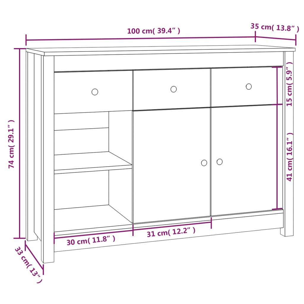 Dressoir 100x35x74 cm massief grenenhout