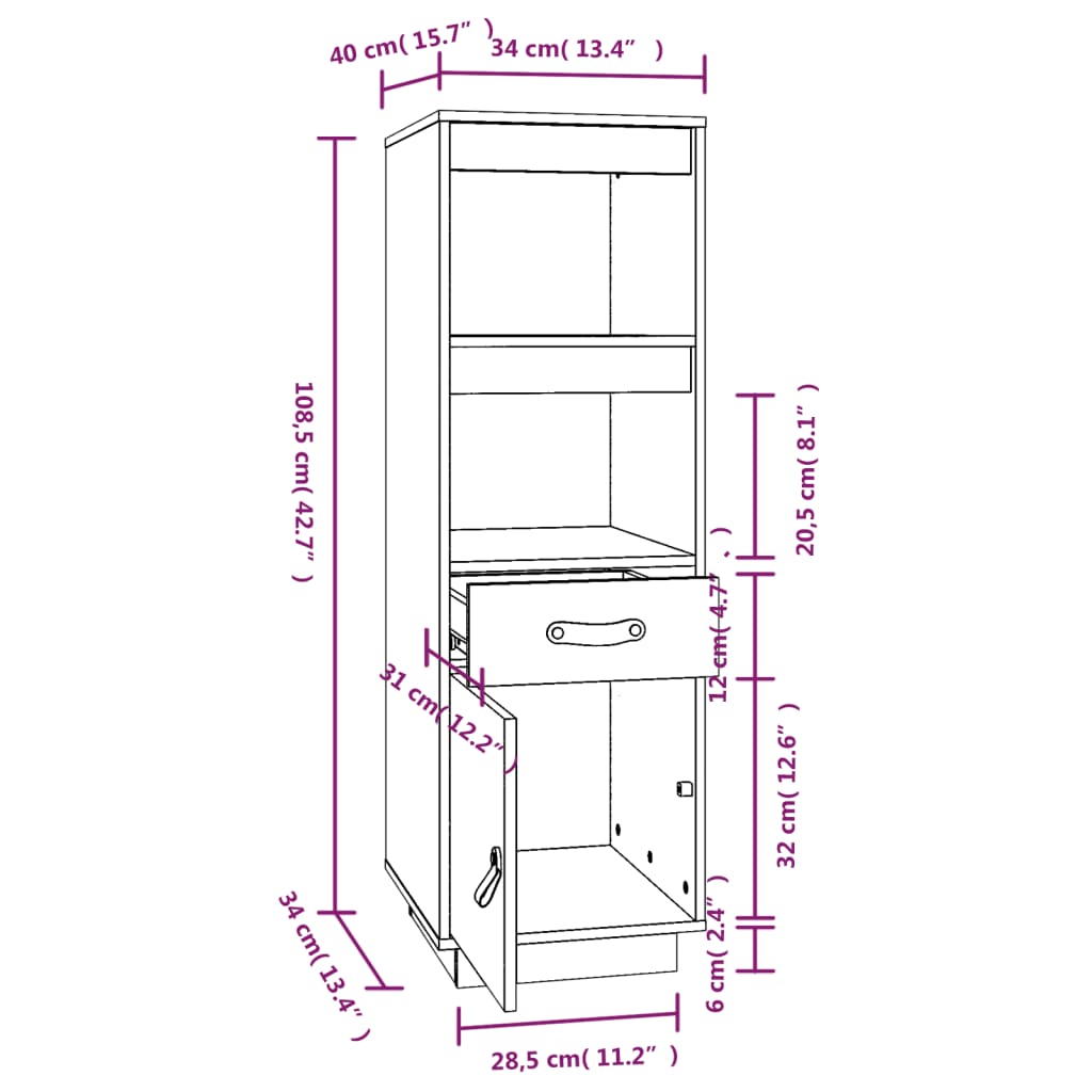 Hoge kast 34x40x108,5 cm massief grenenhout