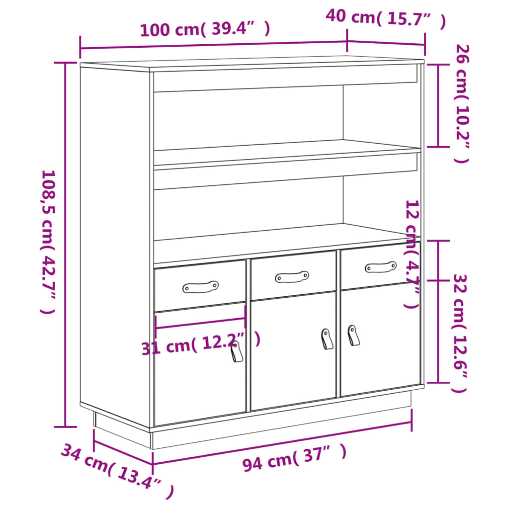 Hoge kast 100x40x108,5cm massief grenenhout