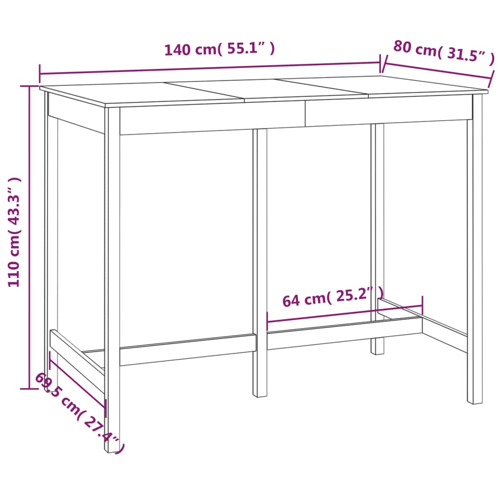 Bartafel 180x80x110 cm massief grenenhout