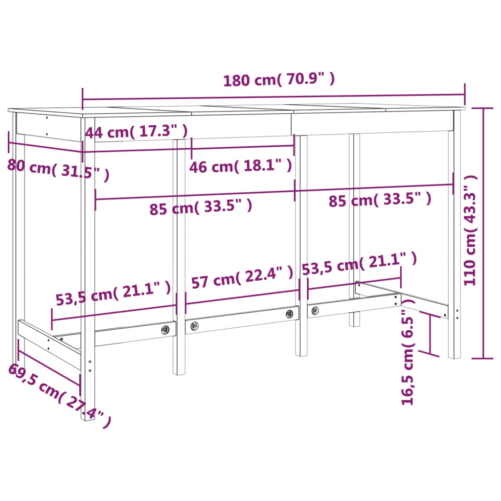 Bartafel 180x80x110 cm massief grenenhout