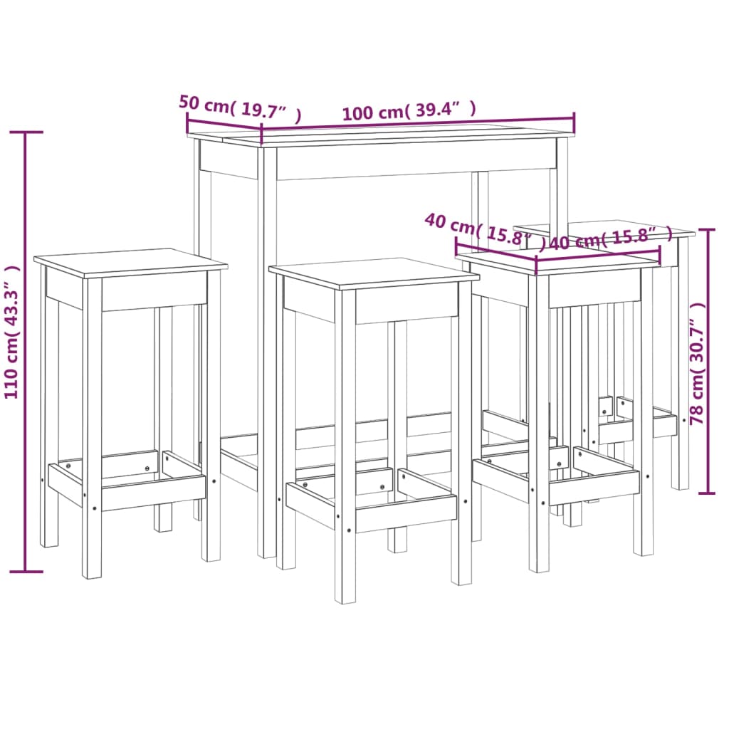 5-delige Barset massief grenenhout