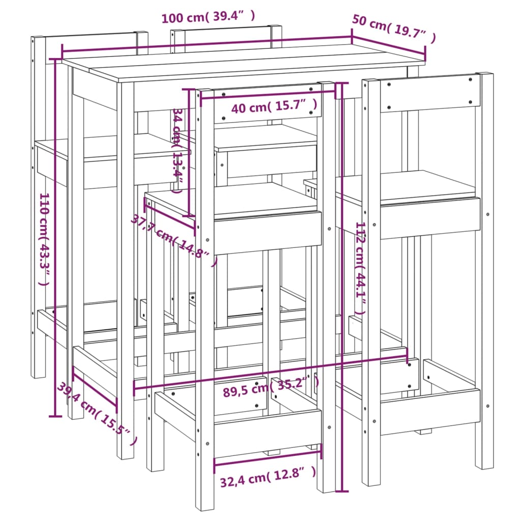 5-delige Barset massief grenenhout