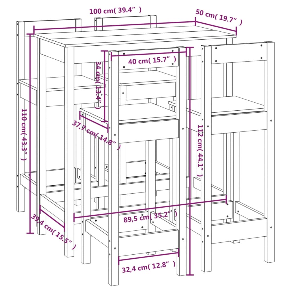 5-delige Barset massief grenenhout