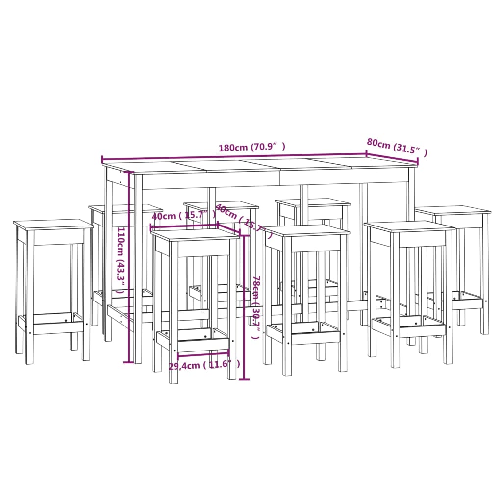 9-delige Barset massief grenenhout