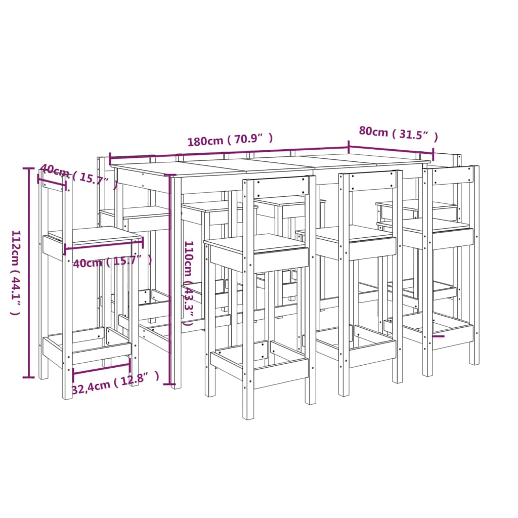 9-delige Barset massief grenenhout