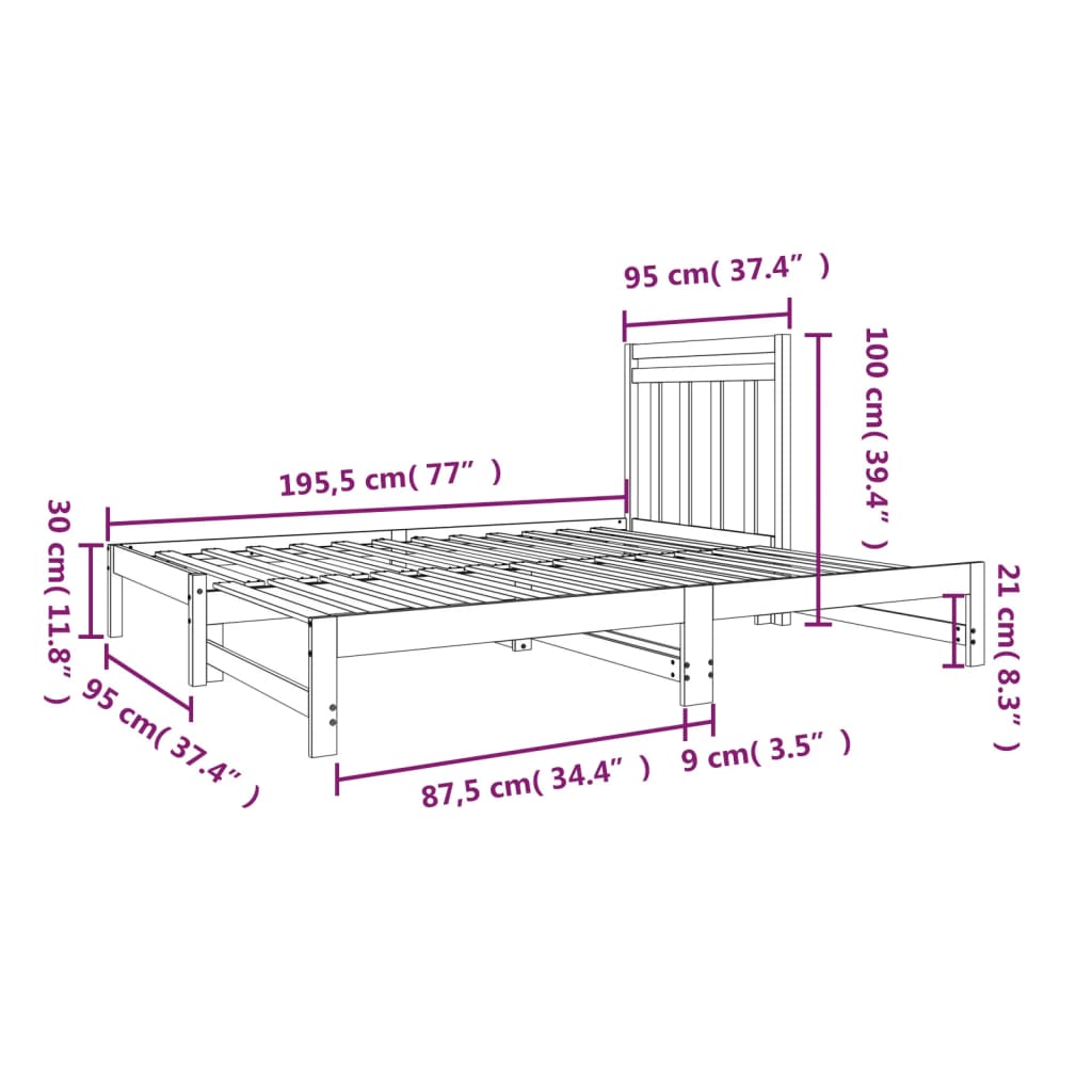 Slaapbank uitschuifbaar massief grenenhout 2x(90x190) cm