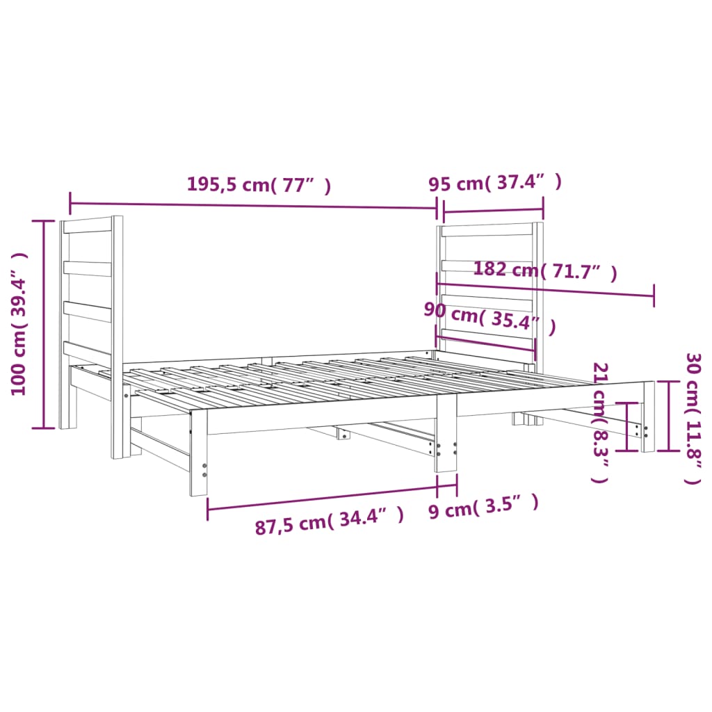 Slaapbank uitschuifbaar massief grenenhout 2x(90x190) cm