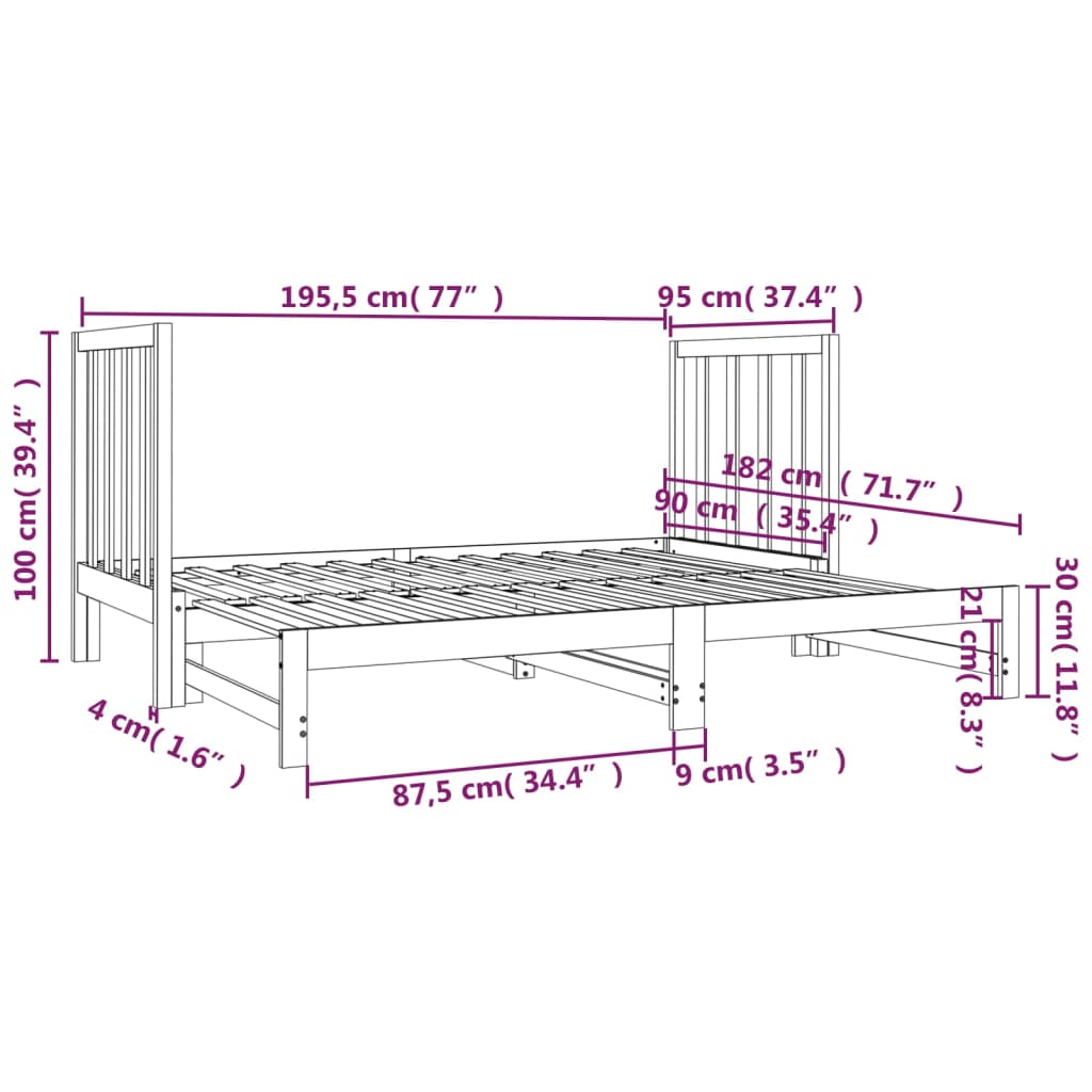 Slaapbank uitschuifbaar massief grenenhout 2x(90x190) cm