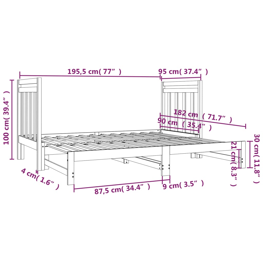 Slaapbank uitschuifbaar massief grenenhout 2x(90x190) cm