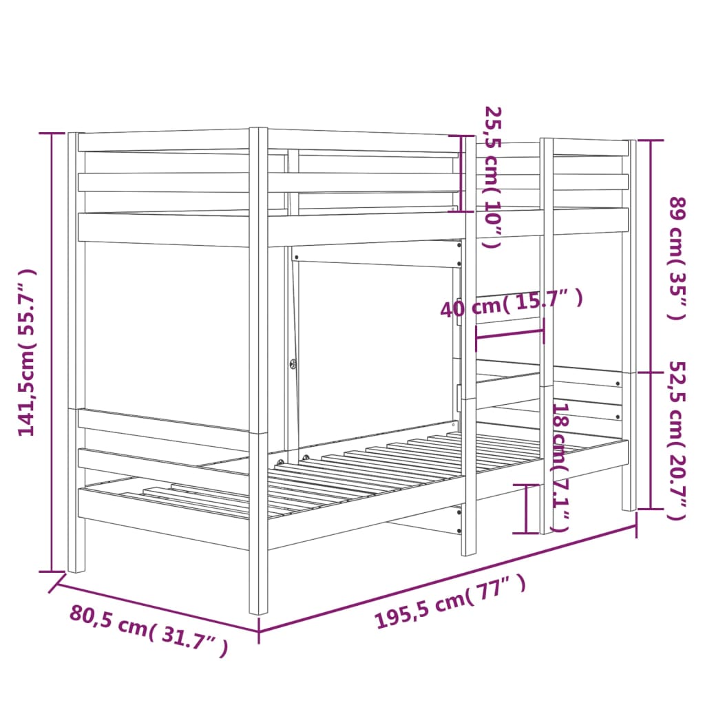 Stapelbed massief grenenhout 75x190 cm