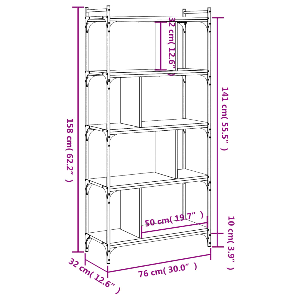 Boekenkast 5-laags 76x32x158 cm bewerkt hout