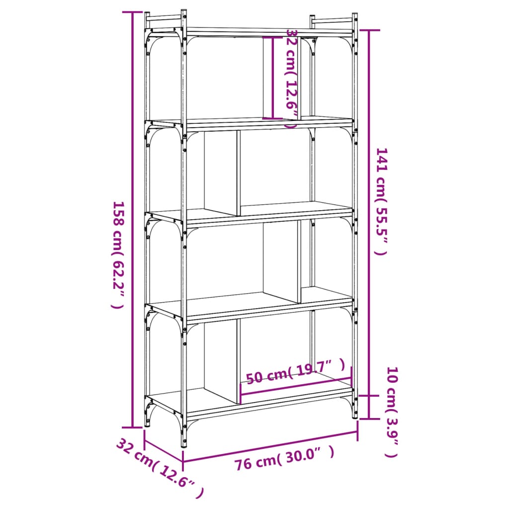 Boekenkast 5-laags 76x32x158 cm bewerkt hout