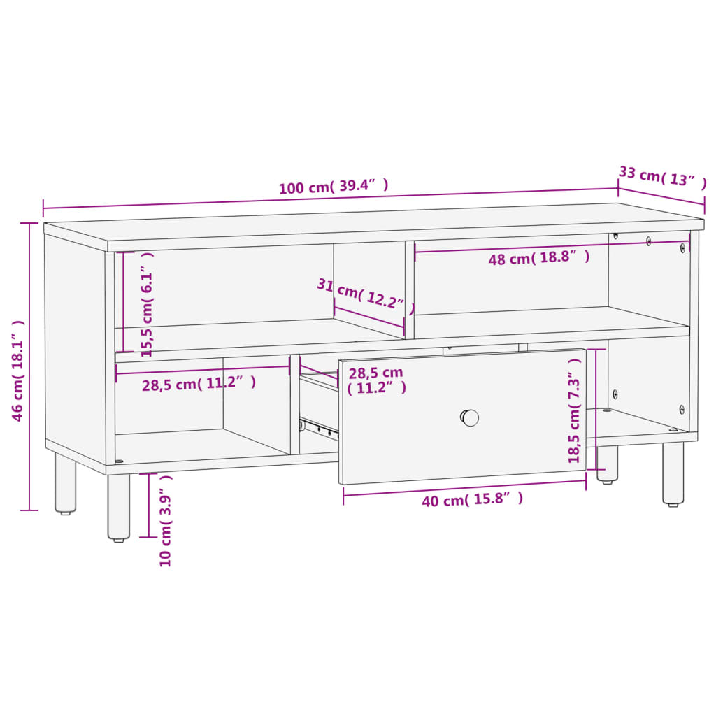 Tv-meubel 100x33x46 cm massief mangohout