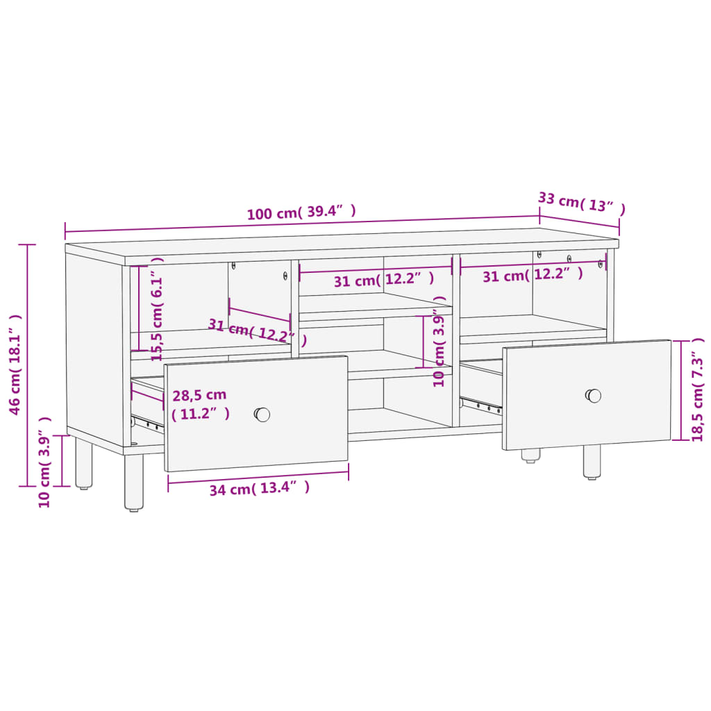 Tv-meubel 100x33x46 cm massief acaciahout