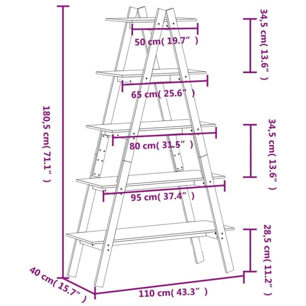 Opbergek 5-laags A-vorm 110x40x180,5 cm massief grenenhout