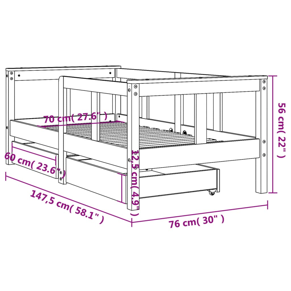 Kinderbedframe met lades 90x200 cm massief grenenhout