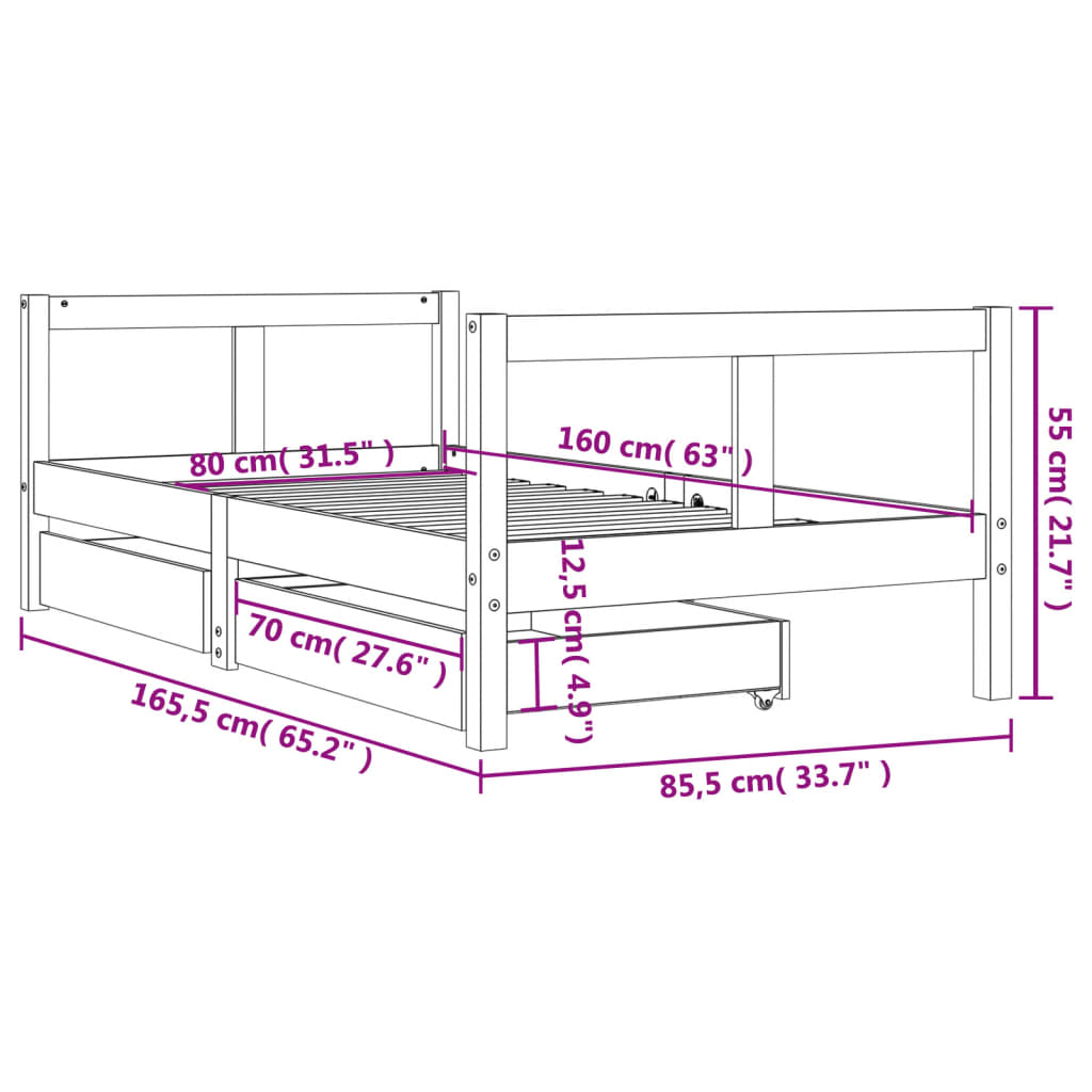 Kinderbedframe met lades 90x200 cm massief grenenhout