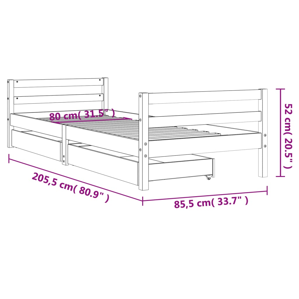 Kinderbedframe met lades 80x200 cm massief grenenhout