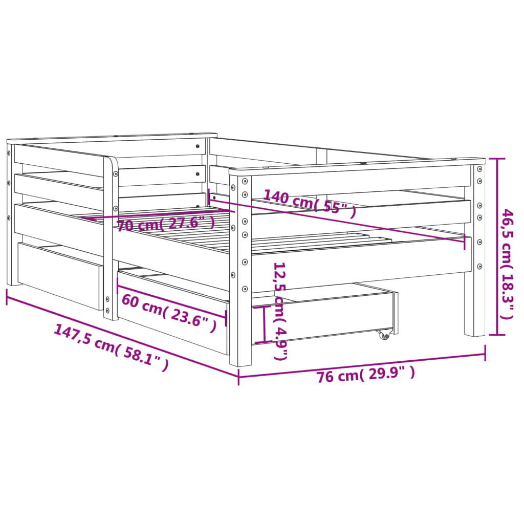 Kinderbedframe met lades 80x200 cm massief grenenhout