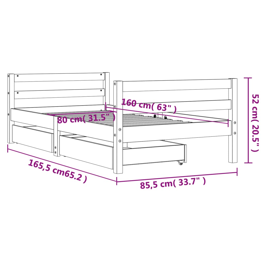 Kinderbedframe met lades 80x200 cm massief grenenhout