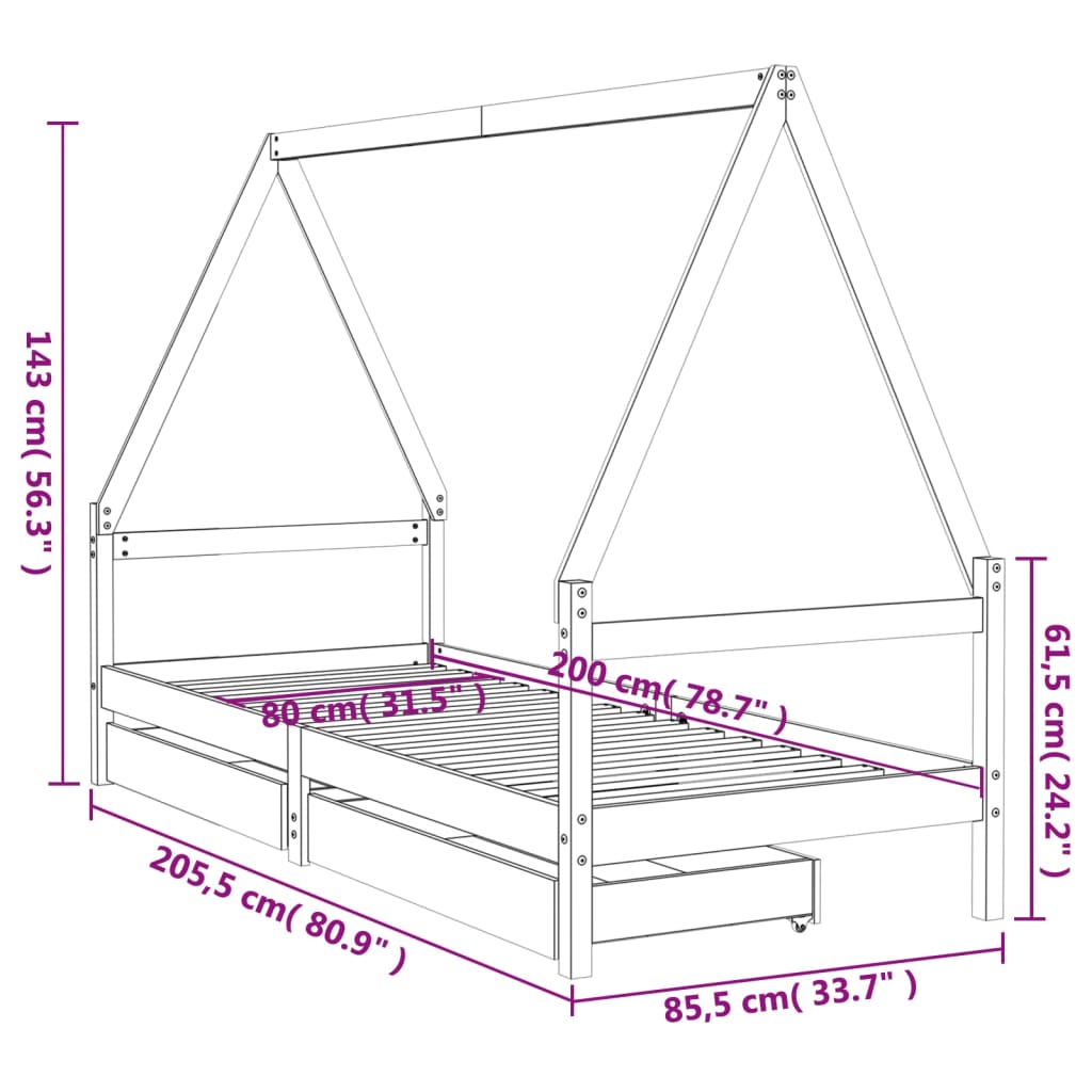 Kinderbedframe met lades 80x160 cm massief grenenhout