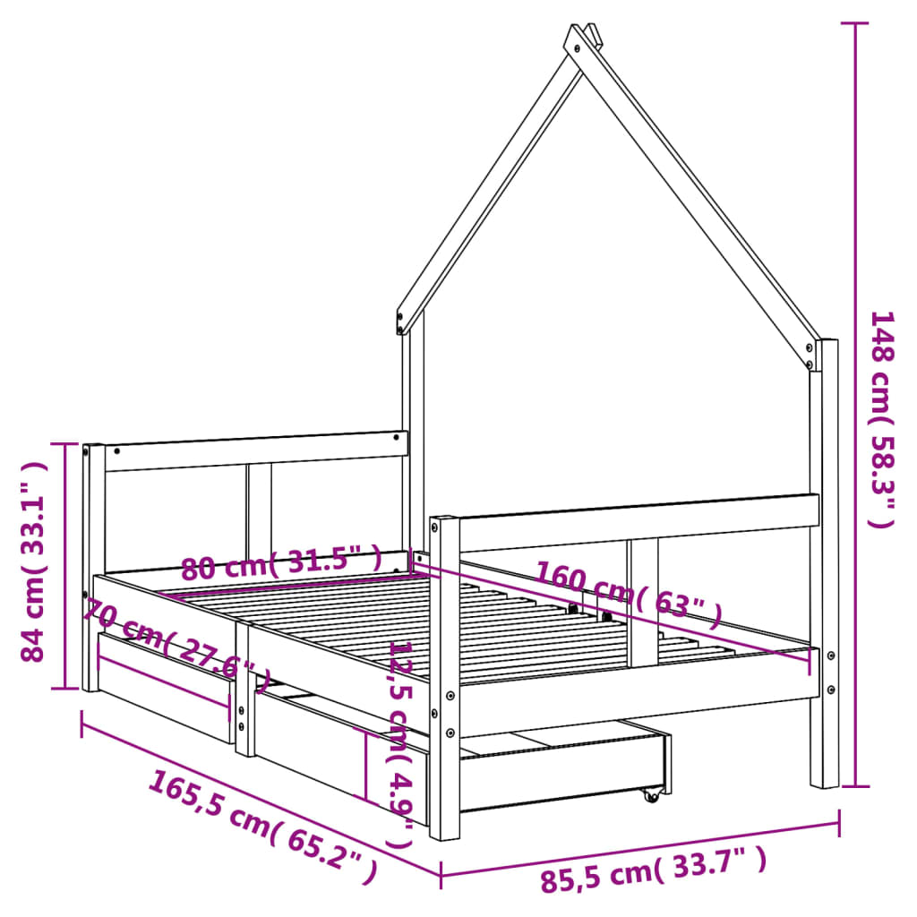 Kinderbedframe met lades 70x140 cm massief grenenhout