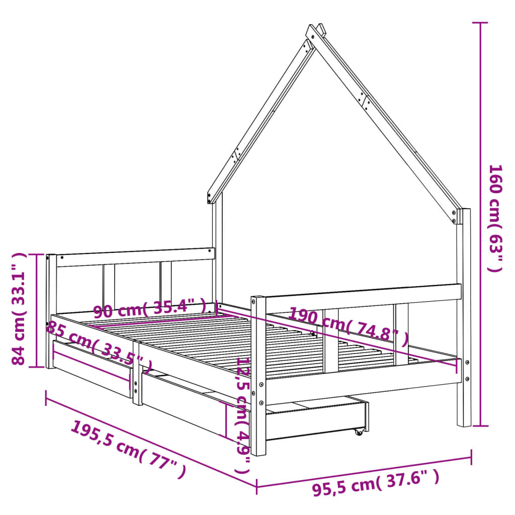 Kinderbedframe met lades 70x140 cm massief grenenhout