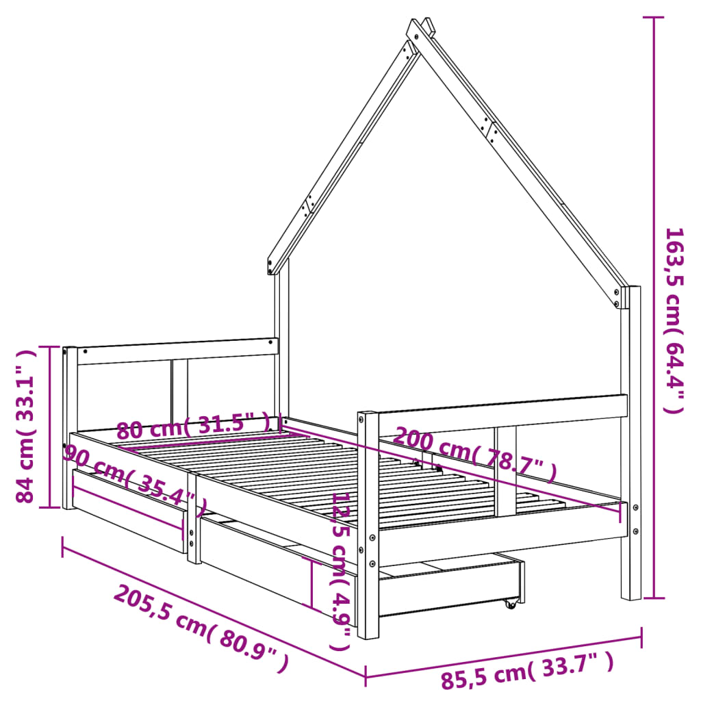 Kinderbedframe met lades 70x140 cm massief grenenhout