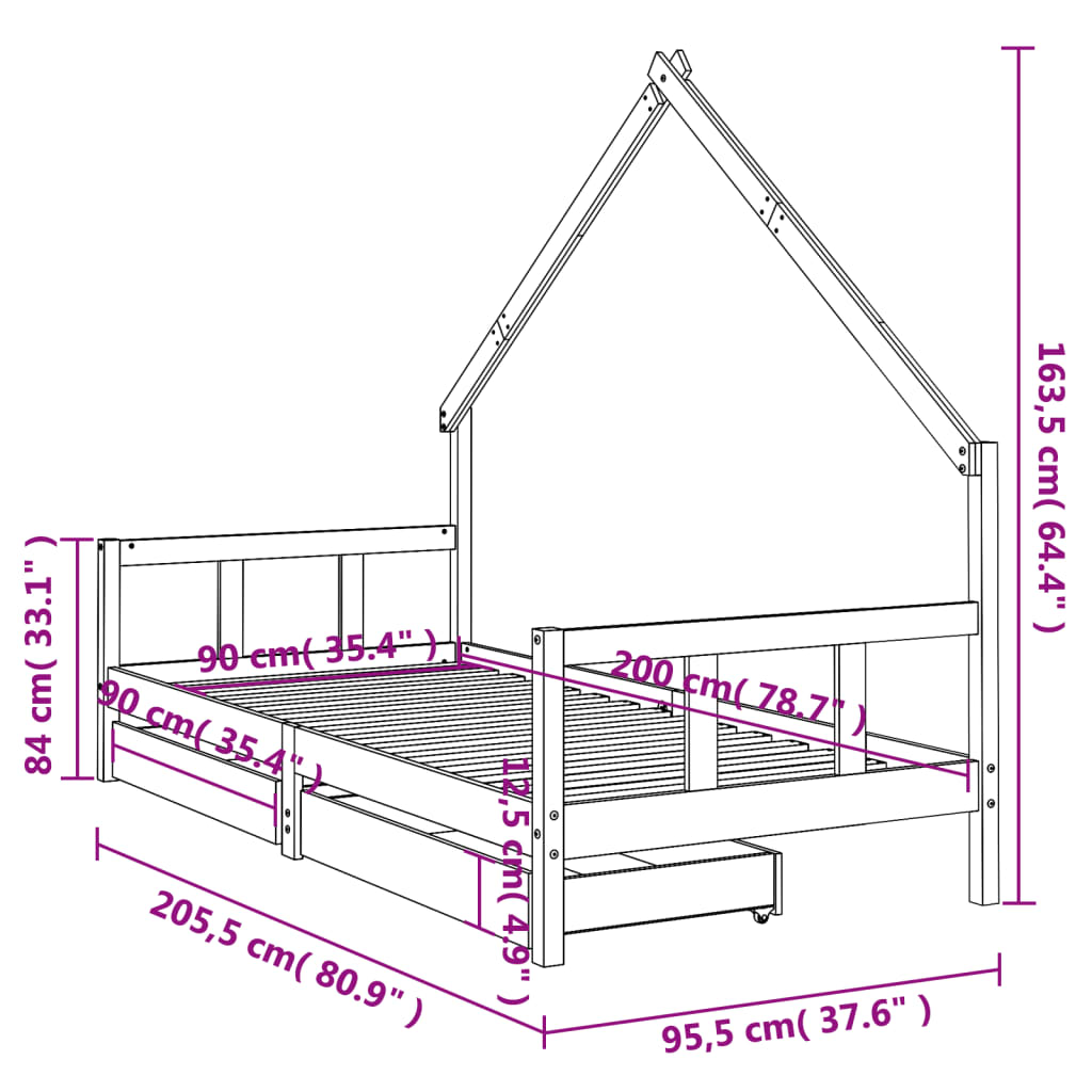 Kinderbedframe met lades 70x140 cm massief grenenhout