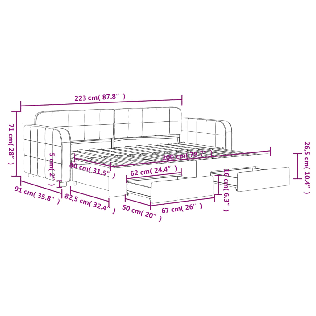 Slaapbank met onderschuifbed en lades 80x200 cm fluweel