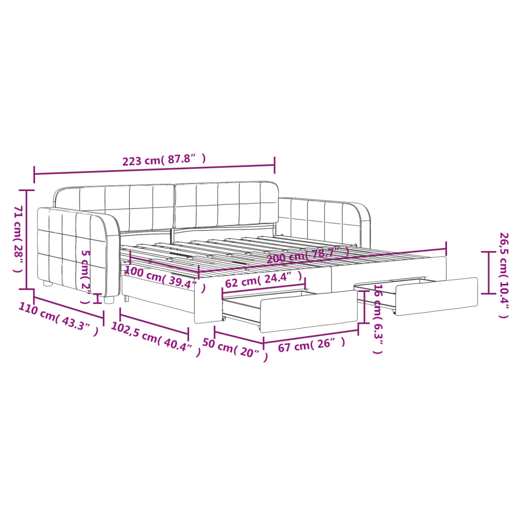 Slaapbank met onderschuifbed en lades 80x200 cm fluweel