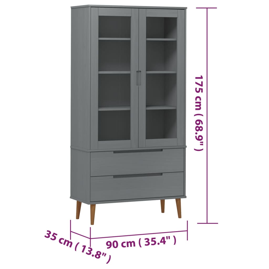 Vitrinekast MOLDE 90x35x175 cm massief grenenhout