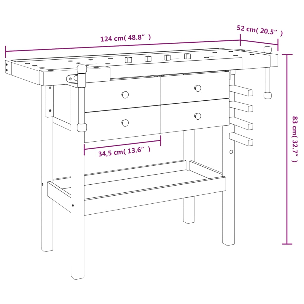 Werkbank met lade en bankschroeven 124x52x83 cm acaciahout