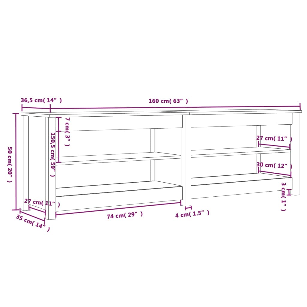 Schoenenbank 160x36,5x50 cm massief grenenhout