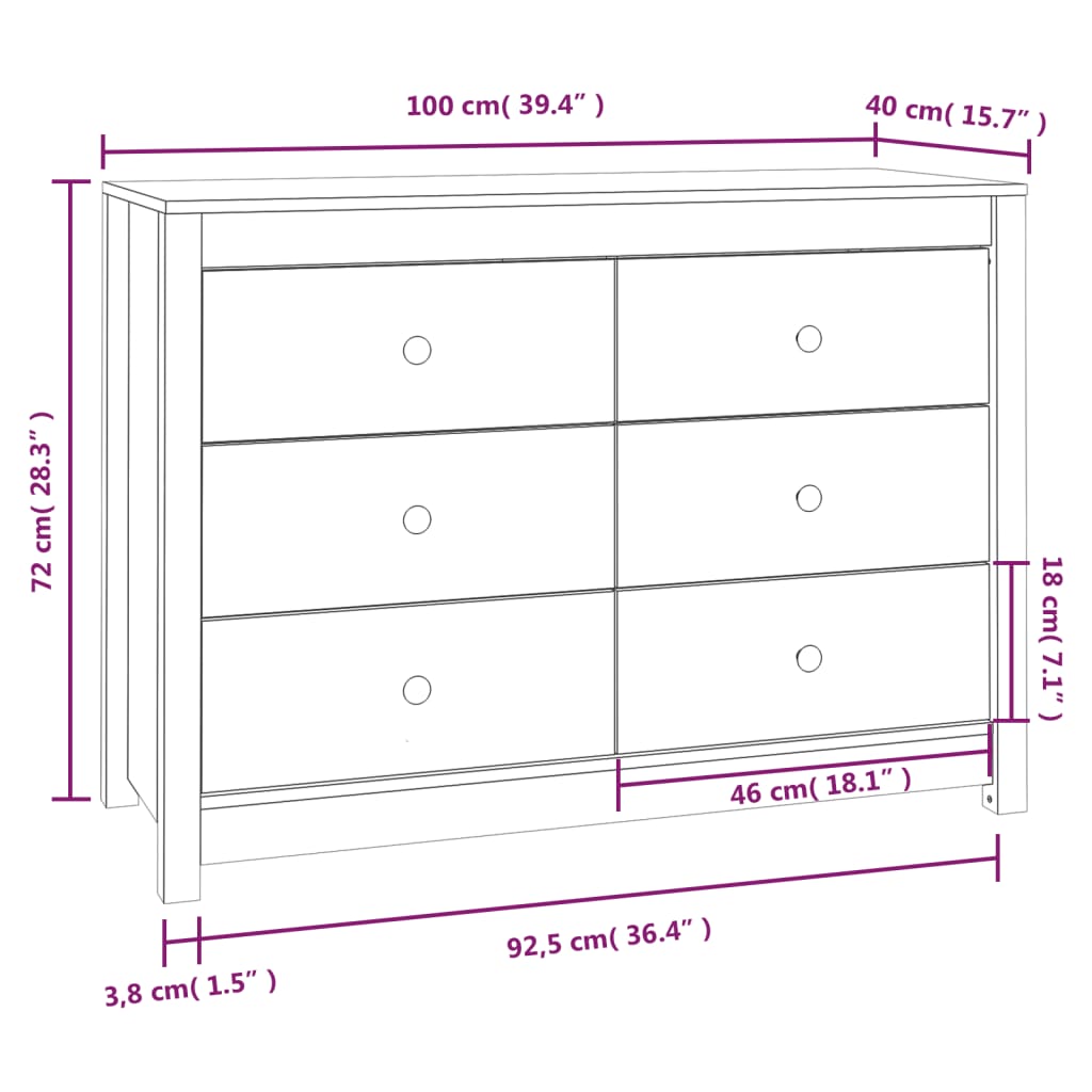 Dressoir 100x40x72 cm massief grenenhout