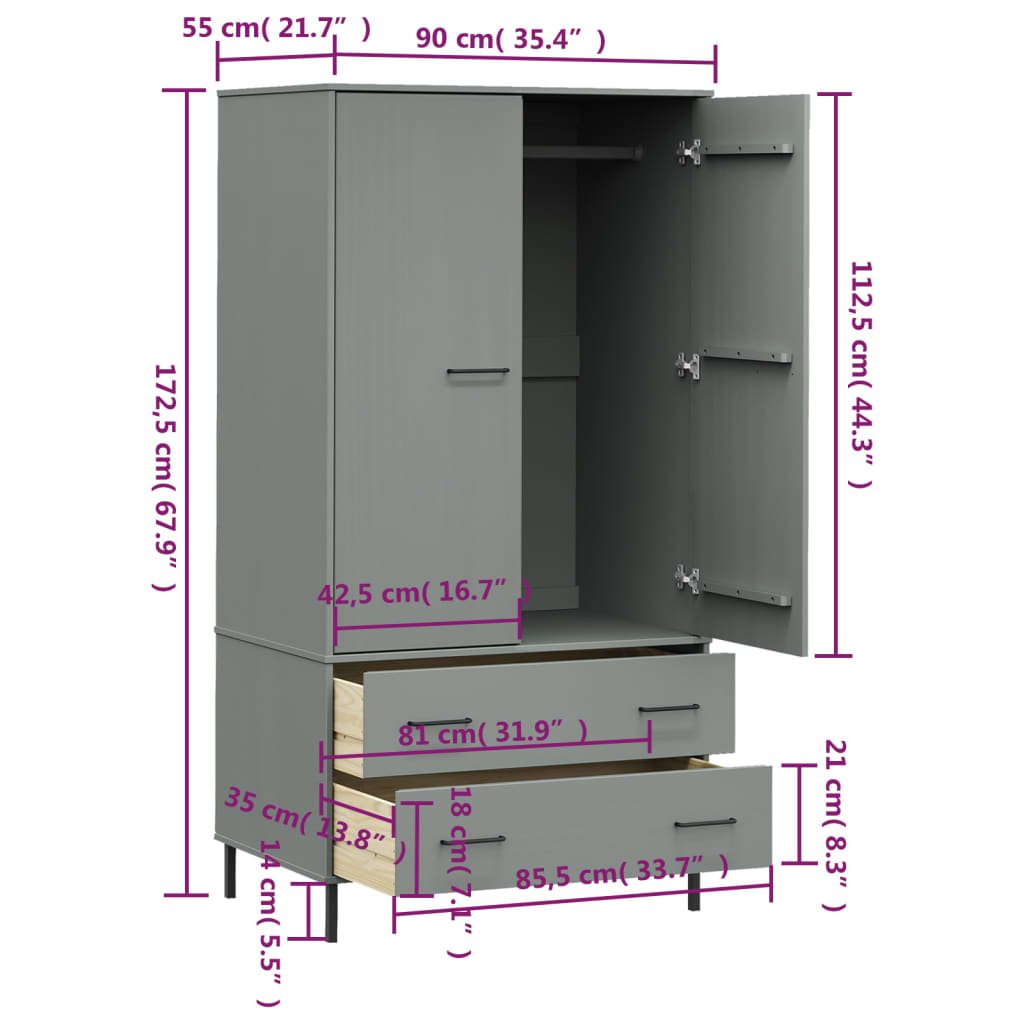 Kledingkast met metalen poten OSLO 90x55x172,5 cm hout