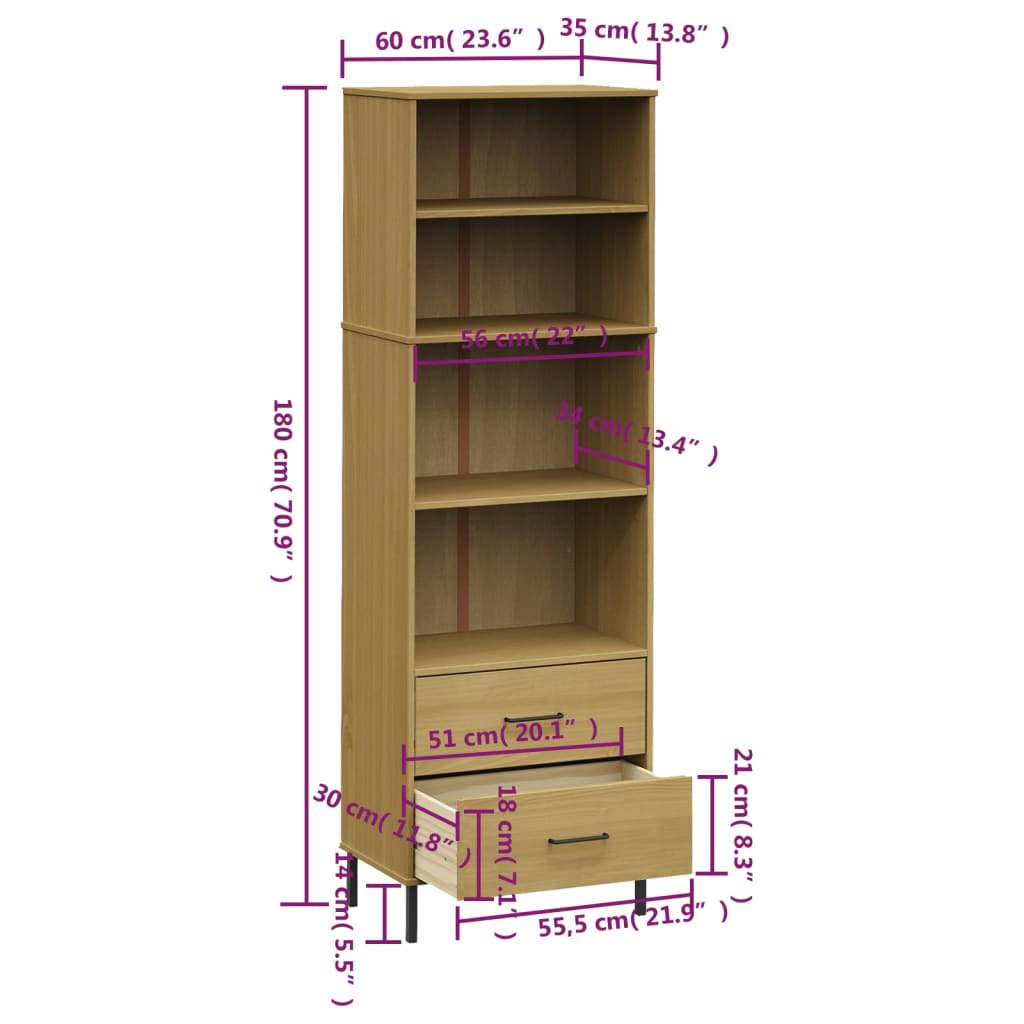 Boekenkast met 2 lades OSLO 60x35x180 cm massief hout bruin